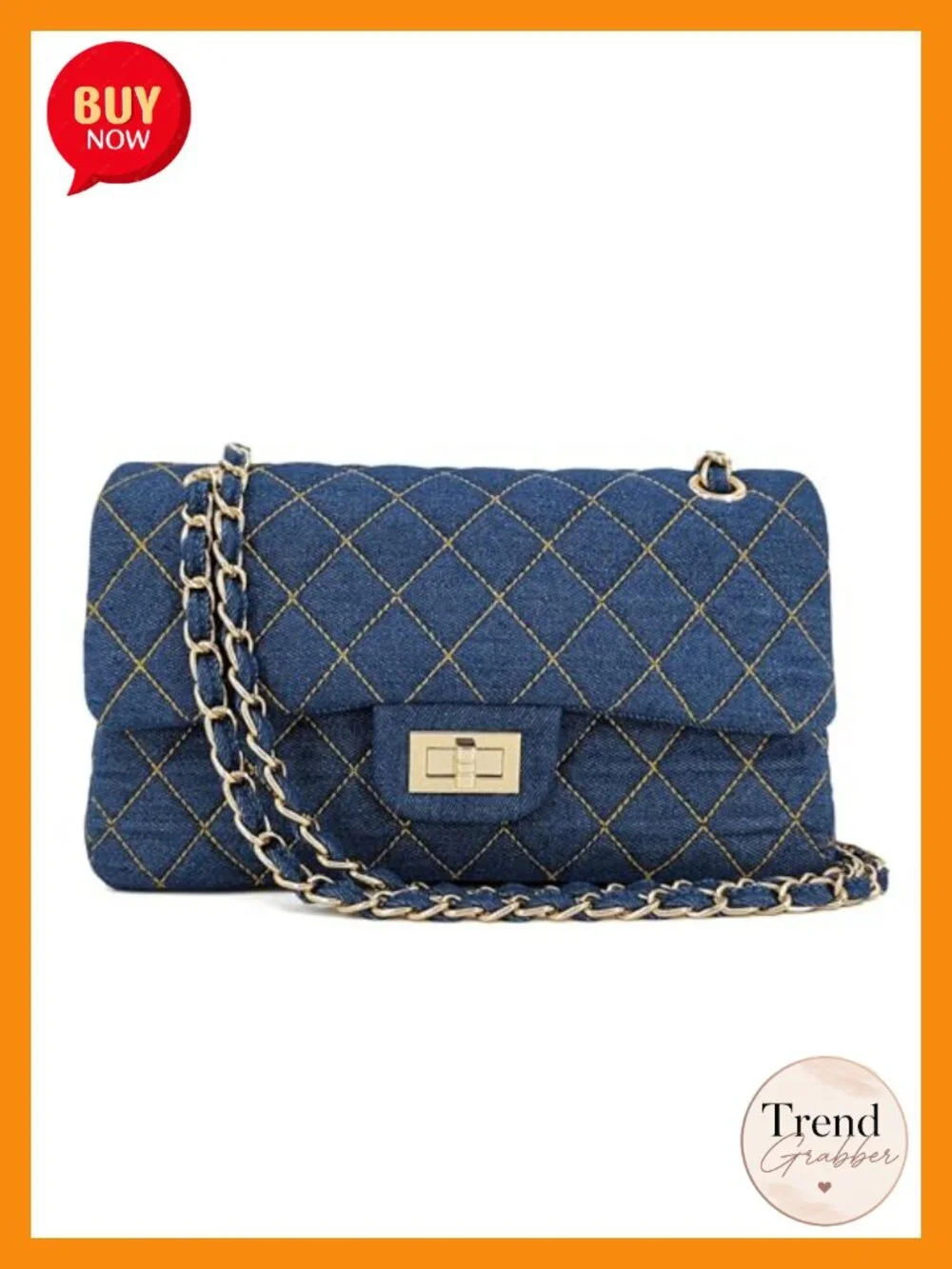 Quilted Denim Crossbody Bag with Chain Strap, Double Flap Purse, Gold Hardware,